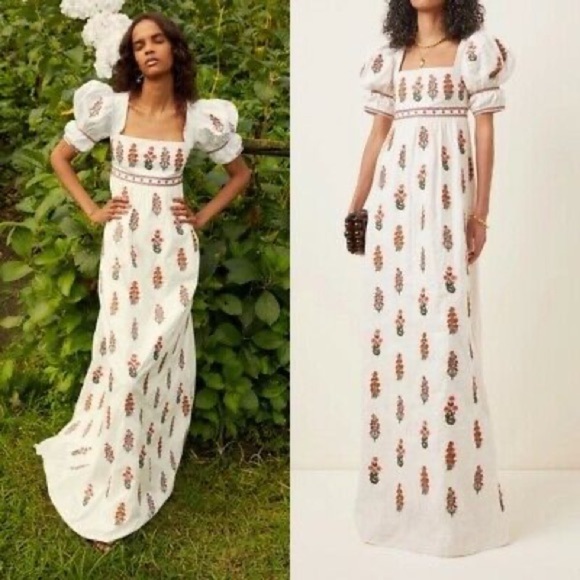 NWT Agua by Agua Bendita Pistachio Dahlia Dress Embroidered Floral Ivory S - Picture 13 of 13